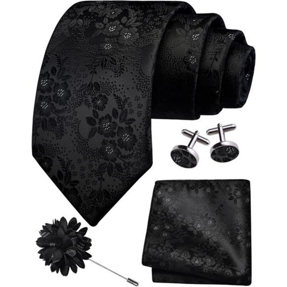 Mens floral tie set with pocket square cufflinks lapel pin for wedding formal